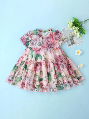 TIOR Girls Midi/Knee Length Festive/Wedding Dress(Pink, Short Sleeve)