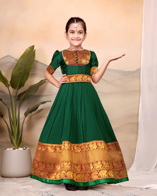 kavija Girls Maxi/Full Length Festive/Wedding Dress(Green, Short Sleeve)