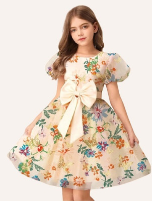 VARDA CREATION Girls Midi/Knee Length Casual Dress(Yellow, Short Sleeve)