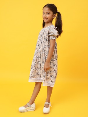 TALES & STORIES Girls Midi/Knee Length Casual Dress(Beige, Half Sleeve)