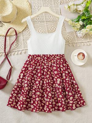 KRISHNA ENT. Girls Midi/Knee Length Casual Dress(White, Maroon, Sleeveless)