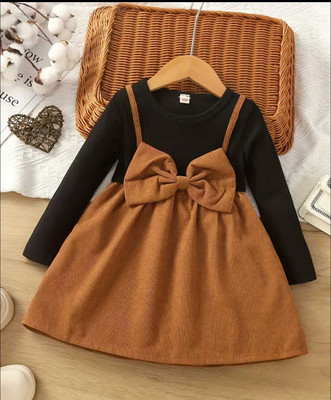 MASKAR CHOICES Baby Girls Above Knee Casual Dress(Brown, Full Sleeve)