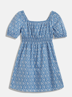 TOMMY HILFIGER Indi Girls Midi/Knee Length Casual Dress(Blue, Short Sleeve)