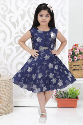 Funnyboo Girls Midi/Knee Length Casual Dress(Dark Blue, Sleeveless)