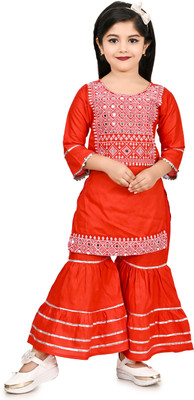 RS AYAN GARMENTS Girls Festive & Party Kurta and Sharara Set(Red Pack of 1)