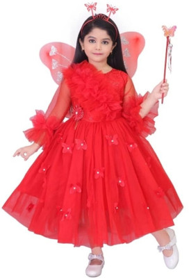 Lilllions Girls Maxi/Full Length Party Dress(Red, Full Sleeve)