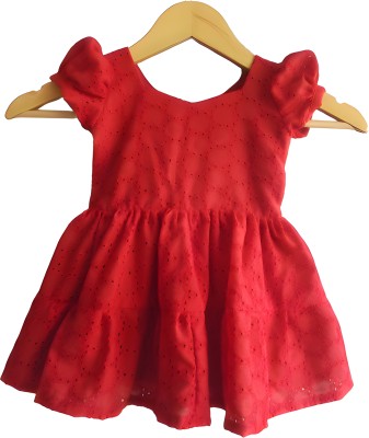little blossoms petals Baby Girls Midi/Knee Length Casual Dress(Red, Short Sleeve)