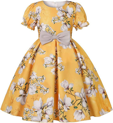 DHARMIKAAY TRENDZ Indi Girls Midi/Knee Length Casual Dress(Yellow, Short Sleeve)