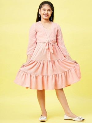 Stylo Bug Girls Midi/Knee Length Casual Dress(Pink, 3/4 Sleeve)