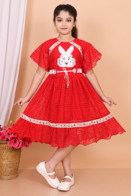 ZG GARMENTS Baby Girls Calf Length Casual Dress(Red, Roll-up Sleeve)