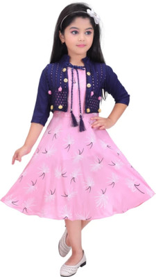 Jeba Collections Girls Below Knee Festive/Wedding Dress(Blue, 3/4 Sleeve)