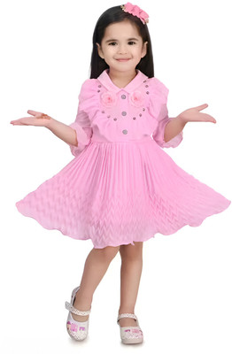 BISAL Indi Girls Midi/Knee Length Casual Dress(Pink, 3/4 Sleeve)