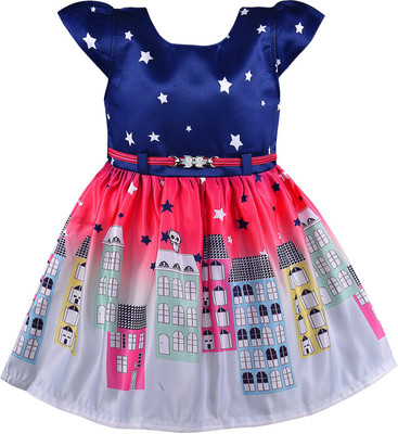 Wishkaro Girls Midi/Knee Length Casual Dress(Dark Blue, Cap Sleeve)