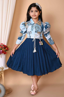 MIR FASHION Indi Girls Below Knee Party Dress(Blue, Half Sleeve)