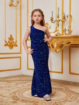 Clothly Girls Maxi/Full Length Party Dress(Blue, Sleeveless)
