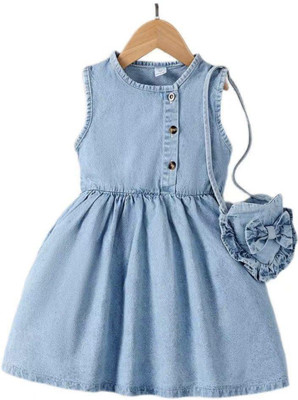 Tiny Hoomans Girls Above Knee Casual Dress(Blue, Sleeveless)