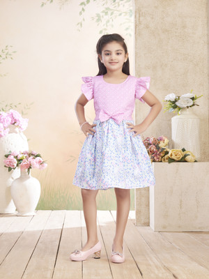 Sangria Indi Girls Midi/Knee Length Casual Dress(Pink, White, Cap Sleeve)