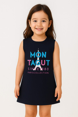 CERABI Girls Below Knee Casual Dress(Dark Blue, Sleeveless)