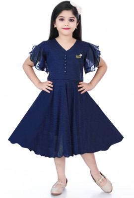 SHB COLLECTION Indi Girls Midi/Knee Length Casual Dress(Blue, Short Sleeve)