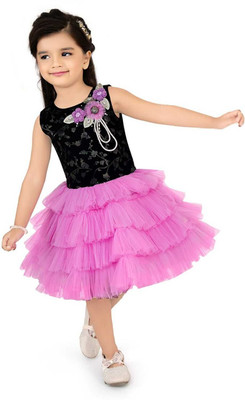 SOULSHINE Indi Girls Midi/Knee Length Party Dress(Pink, Sleeveless)