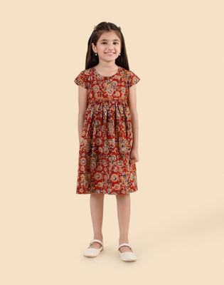 Fabindia Indi Girls Midi/Knee Length Casual Dress(Multicolor, Short Sleeve)