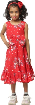 Shahina Fashion Girls Midi/Knee Length Casual Dress(Red, Sleeveless)