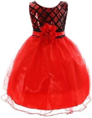 Wow princess Girls Midi/Knee Length Festive/Wedding Dress(Red, Sleeveless)