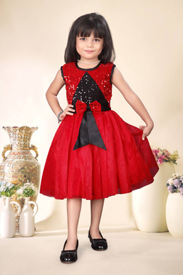 FV FABLY VALOR Indi Girls Below Knee Festive/Wedding Dress(Red, Sleeveless)
