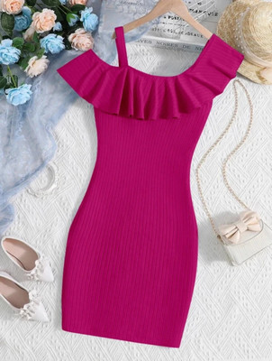 UNIQUEEE Girls Midi/Knee Length Party Dress(Pink, Fashion Sleeve)