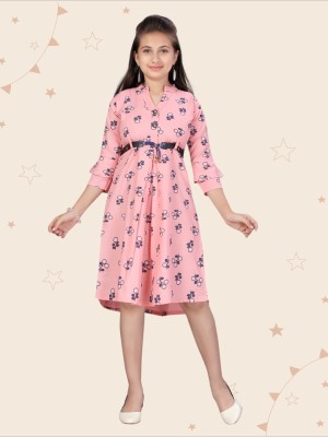 Kidotsav Indi Girls Midi/Knee Length Casual Dress(Pink, 3/4 Sleeve)