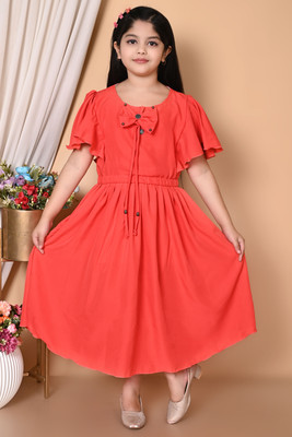 VENTRA FASHION Girls Calf Length Casual Dress(Red, Short Sleeve)
