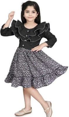 SM MUNIF DRESSES Girls Midi/Knee Length Casual Dress(Black, 3/4 Sleeve)