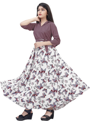 Aarya Designer Girls Maxi/Full Length Party Dress(Purple, 3/4 Sleeve)