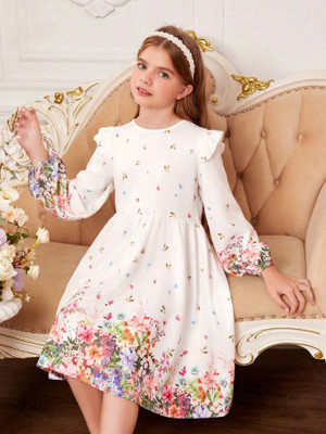 Priyal Designer Girls Midi/Knee Length Casual Dress(White, Short Sleeve)