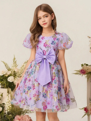 Gen Alfa Girls Midi/Knee Length Party Dress(Purple, Short Sleeve)