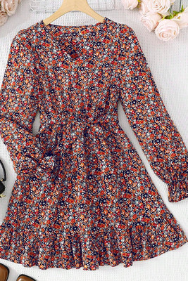 Ompax Girls Midi/Knee Length Casual Dress(Multicolor, Full Sleeve)