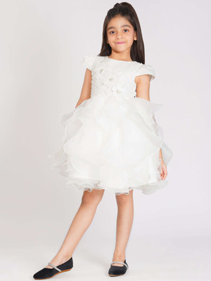 CREATIVE KID'S Indi Girls Midi/Knee Length Party Dress(White, Short Sleeve)