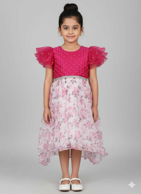 Mauli Collection Girls Midi/Knee Length Casual Dress(Pink, Half Sleeve)