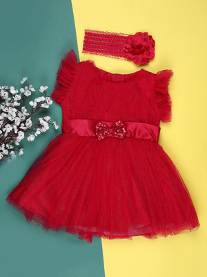 V-MART Baby Girls Above Knee Casual Dress(Red, Short Sleeve)