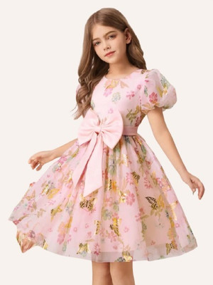 VARDA CREATION Girls Midi/Knee Length Casual Dress(Pink, Short Sleeve)