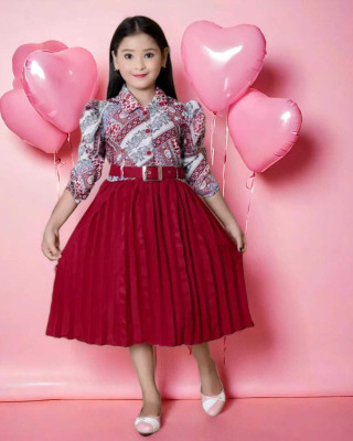 KidsCute Baby Girls Calf Length Party Dress(Red, 3/4 Sleeve)