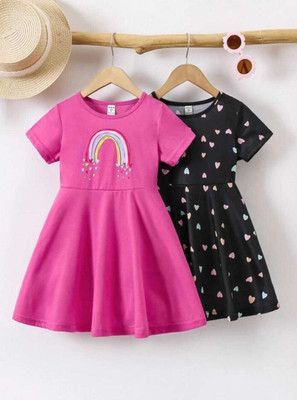 Mimmy Kids Girls Midi/Knee Length Casual Dress(Pink, Half Sleeve)