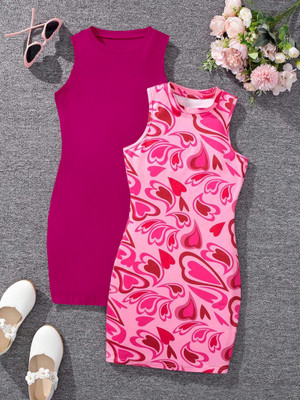 dhru Girls Below Knee Casual Dress(Pink, Sleeveless)