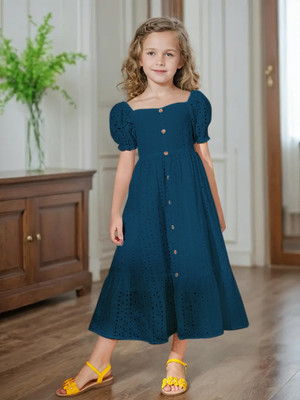 Style Connect Girls Midi/Knee Length Party Dress(Dark Green, Short Sleeve)