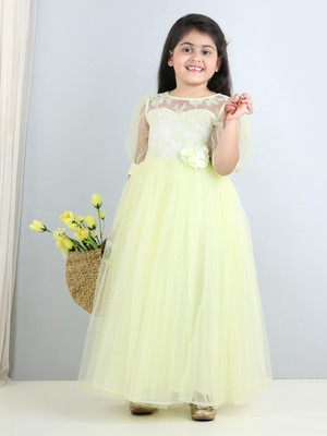 Toy Balloon Kids Girls Maxi/Full Length Party Dress(Yellow, 3/4 Sleeve)