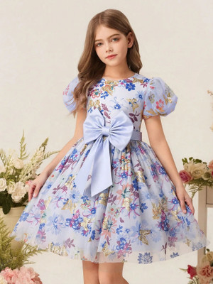 MANSI FASHION Girls Above Knee Casual Dress(Blue, Short Sleeve)