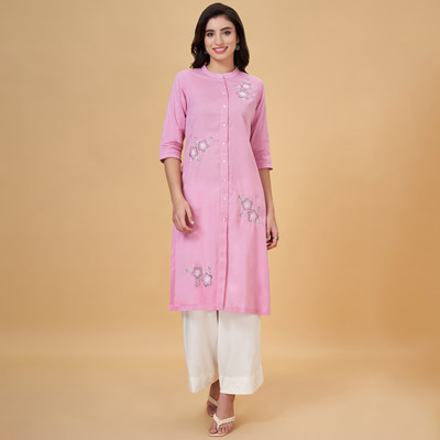 Rangmanch by Pantaloons Women Printed Straight Kurta(Purple)