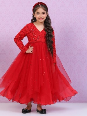 BIBA Girls Maxi/Full Length Festive/Wedding Dress(Red, Full Sleeve)