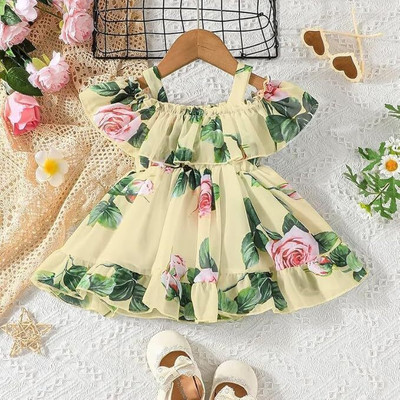DHYANAM Indi Baby Girls Midi/Knee Length Festive/Wedding Dress(Yellow, Green, Sleeveless)