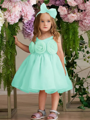 Yk Girls Midi/Knee Length Party Dress(Green, Sleeveless)